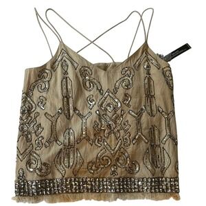 Venus Women's Embellished Beige Linen Blend Top Large Silver Sequins Fringe Hem